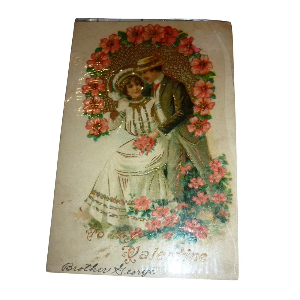 Antique 1906 Valentine‎ Postcard Embossed Gold Foil Victorian Couple Floral